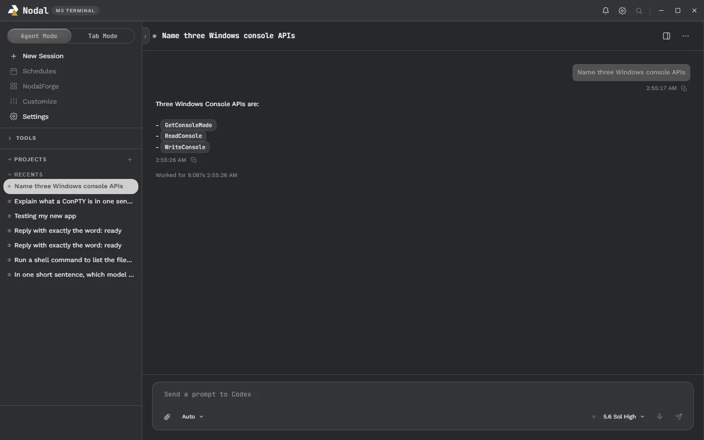 The Nodal Agent Mode window: sessions listed on the left, a finished Codex turn in the middle with a Worked for line, and the prompt box with a model picker at the bottom.