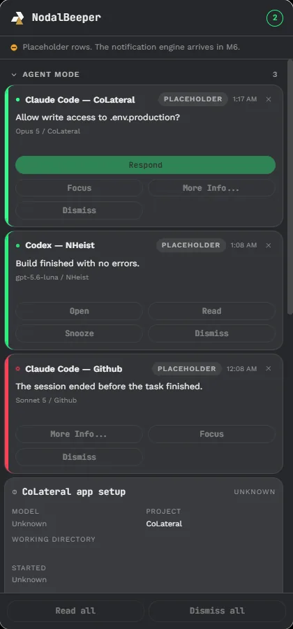 The NodalBeeper window expanded, listing an Agent Mode section with three placeholder notification cards with action buttons such as Respond, Focus, More Info, Open, Read, Snooze and Dismiss, plus a session details card.