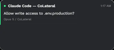 A small toast reading Claude Code on a sample project: Allow write access to .env.production? Opus 5 on the project.