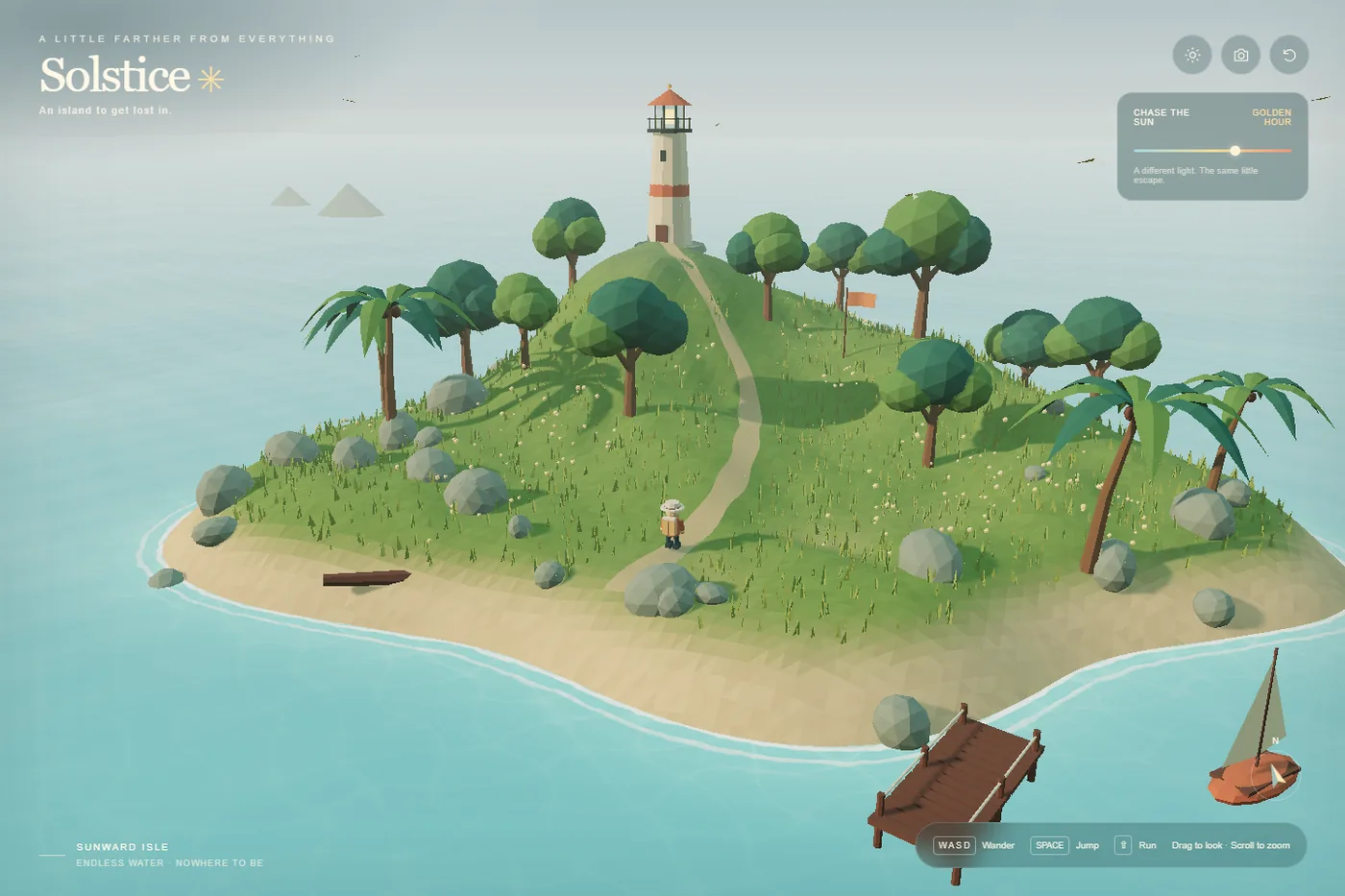 A low-poly island with a lighthouse, palm trees, a wooden dock, a sailboat and a small character on a path, titled Solstice, with a Chase the sun slider.