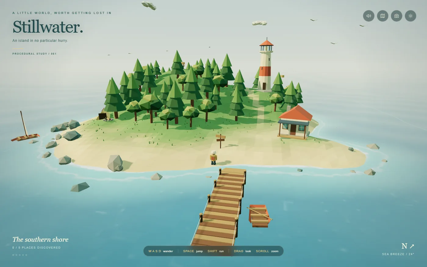 A low-poly island with pine trees, a lighthouse, a red-roofed cottage, a long wooden dock and a rowboat, titled Stillwater.