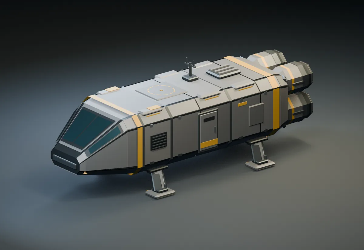 A polished low-poly gray and yellow shuttle with a cockpit window, a door, a vent, a helipad marking and two large rear engines, rendered with soft lighting.