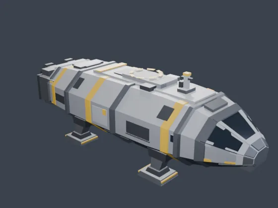 A lighter gray low-poly shuttle with yellow stripes, ribbed top details and an antenna, built by Claude Opus 5.