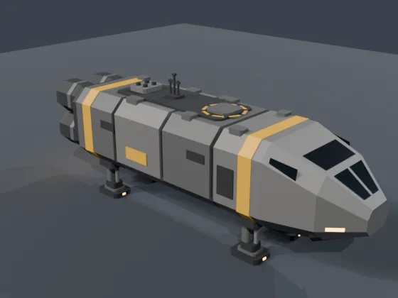 A low-poly gray and yellow cargo shuttle with two landing legs and a cockpit, rendered in Blender, built by Claude Opus 5.5.
