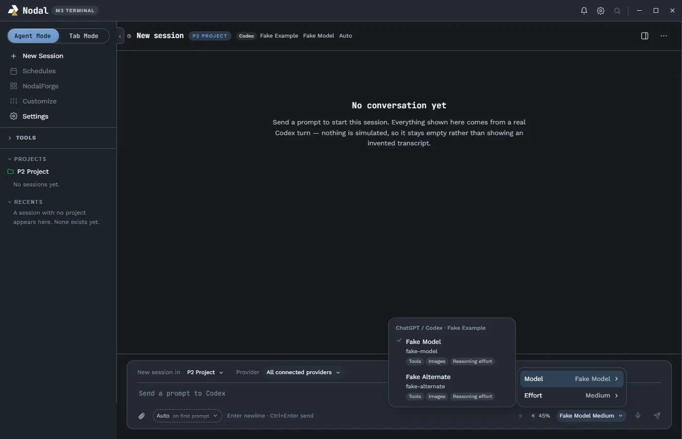 The Nodal new session screen with the model picker open and a Provider filter set to All connected providers.