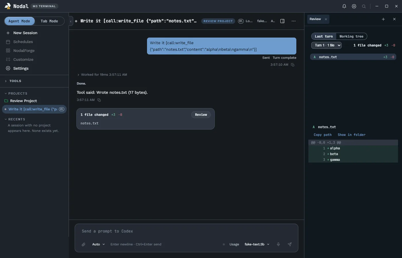 Nodal Agent Mode with a Review tab on the right showing a changed file and its line diff.