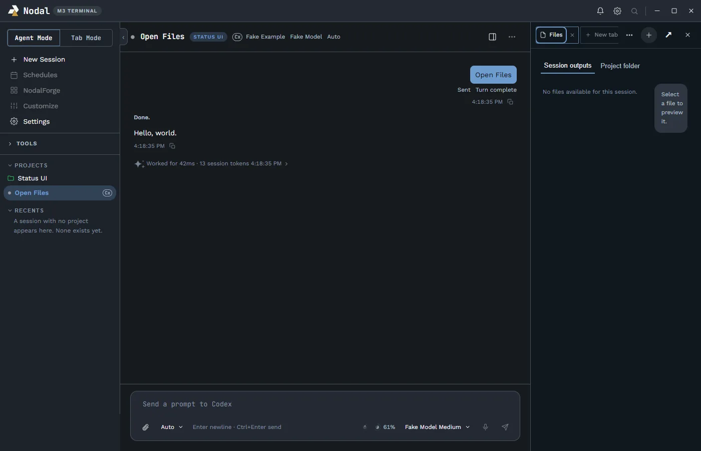 Nodal Agent Mode with the right sidebar open on a Files tab, showing Session outputs and Project folder views.