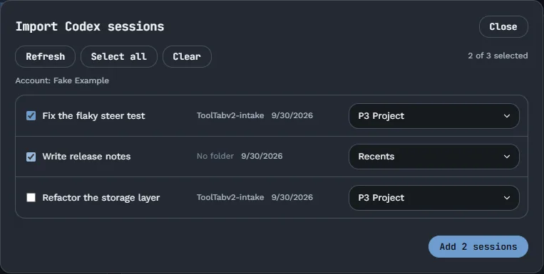 The Nodal Import Codex sessions dialog listing three sessions with checkboxes and project pickers, and an Add 2 sessions button.