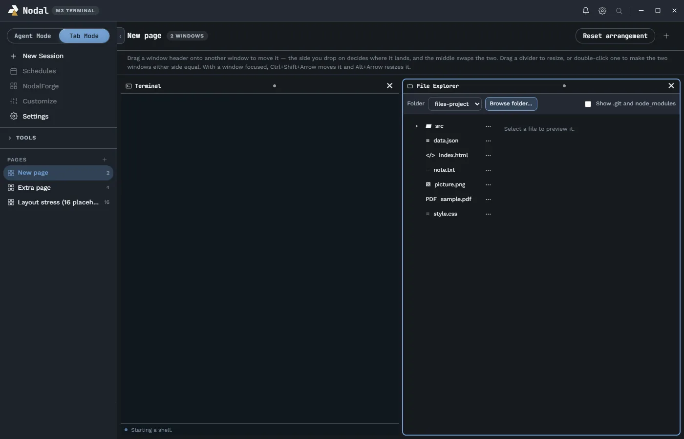 Nodal Tab Mode with a terminal window on the left and a File Explorer window on the right listing a src folder, JSON, HTML, text, PNG, PDF and CSS files.