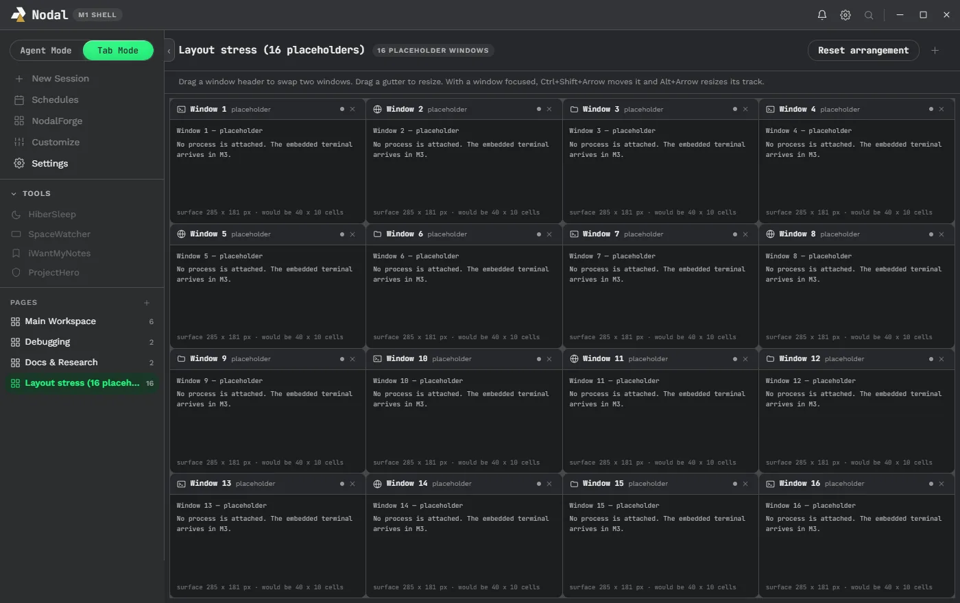 Nodal Tab Mode showing a page called Layout stress with sixteen placeholder windows arranged in a four by four grid, with page names listed in the sidebar.