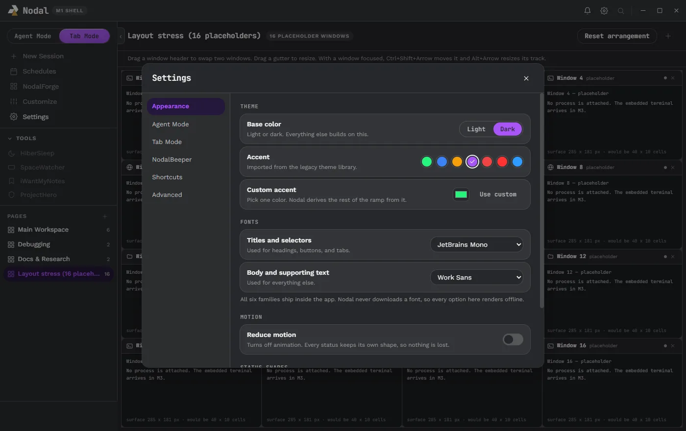 Nodal Settings Appearance page in the dark theme with a purple accent.