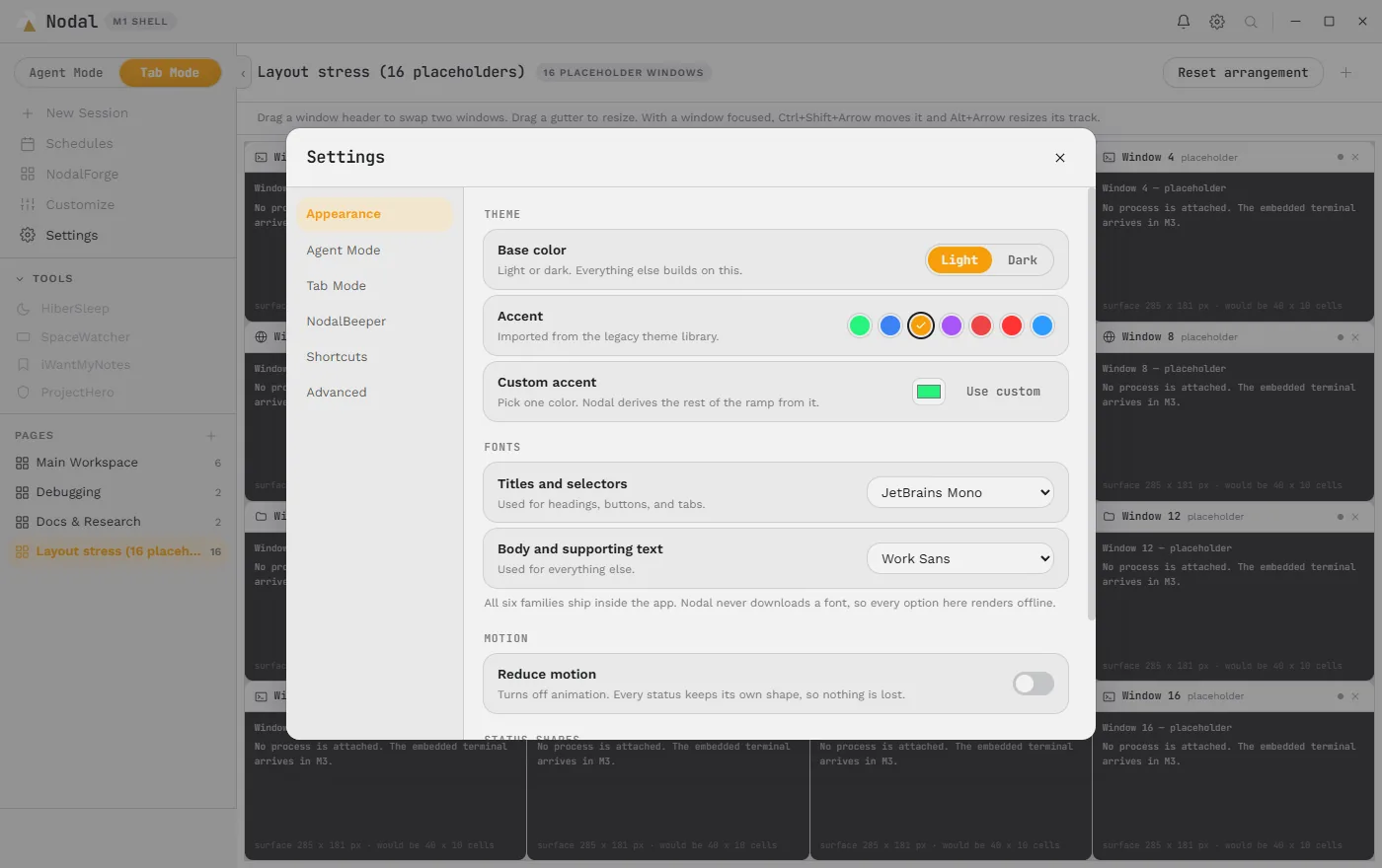 Nodal Settings Appearance page in the light theme with a gold accent, showing base color, accent swatches, a custom accent picker and font selectors.