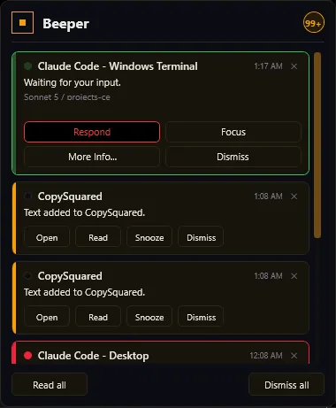 The ToolTab v1 Beeper window on a dark background, listing a Claude Code card waiting for input with Respond, Focus, More Info and Dismiss buttons, then clipboard notifications with Open, Read, Snooze and Dismiss buttons.